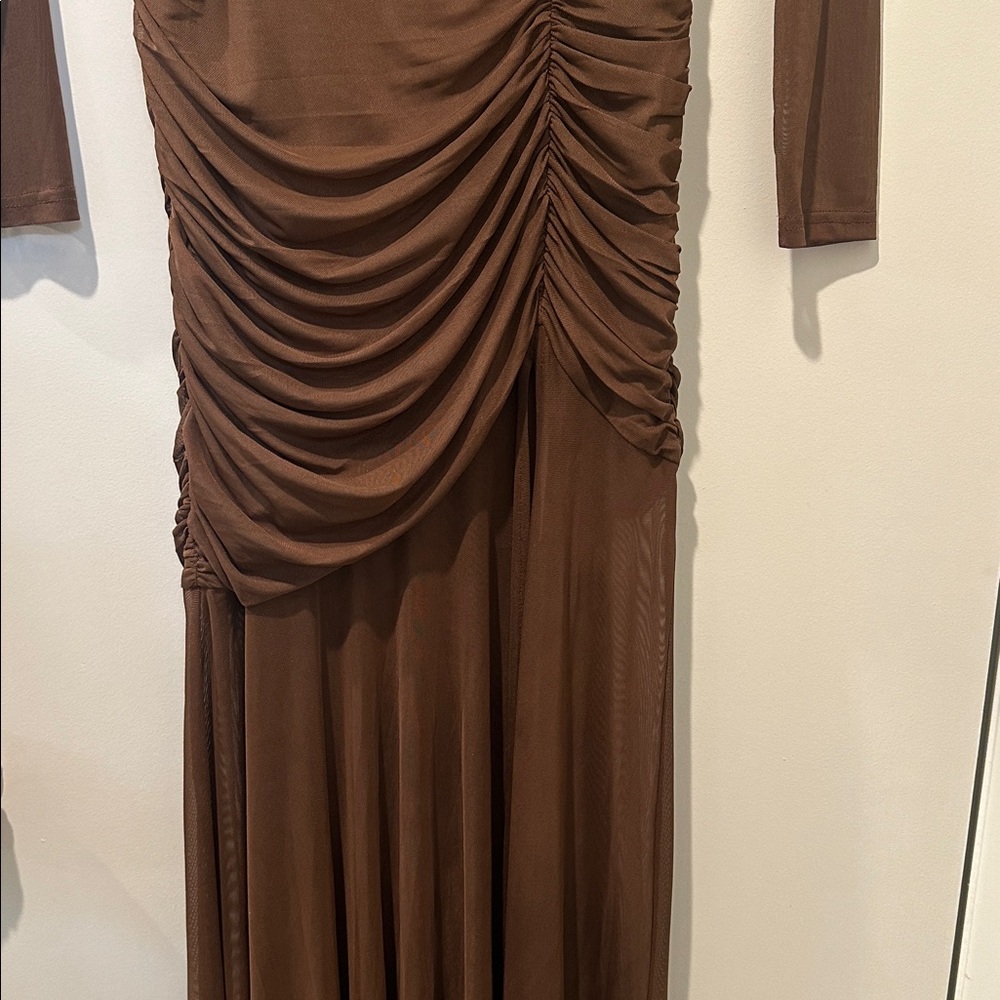 Sheer Ruched Maxi Dress in Chocolate Brown - Picture 14 of 15